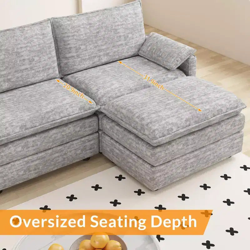 108 XL Modular Sectional Couch  4-Seater L-Shaped Cloud Sofa with Ottoman for Living Room/Apartment