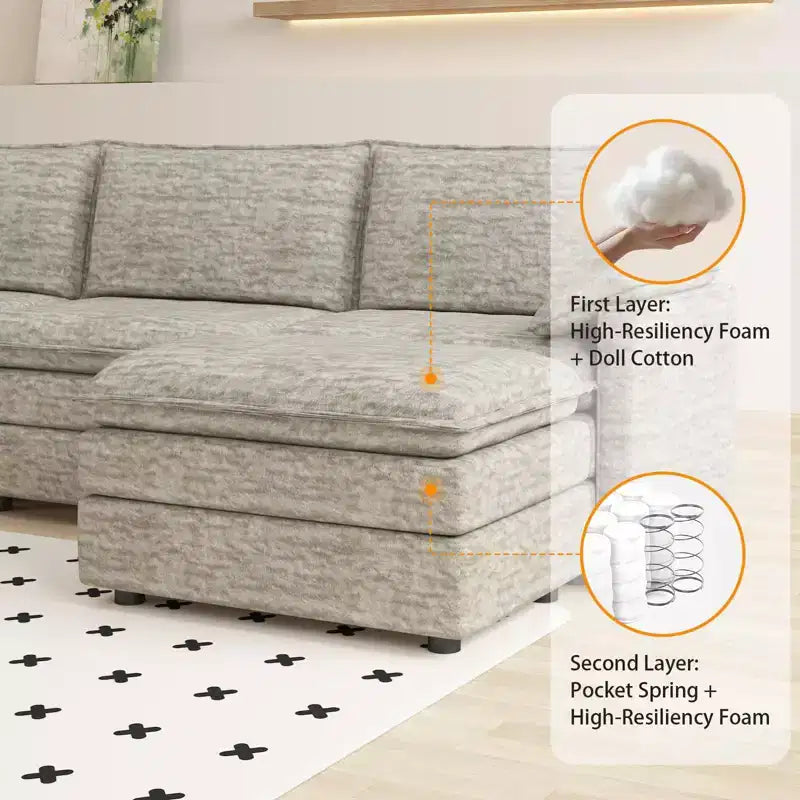 108 XL Modular Sectional Couch  4-Seater L-Shaped Cloud Sofa with Ottoman for Living Room/Apartment