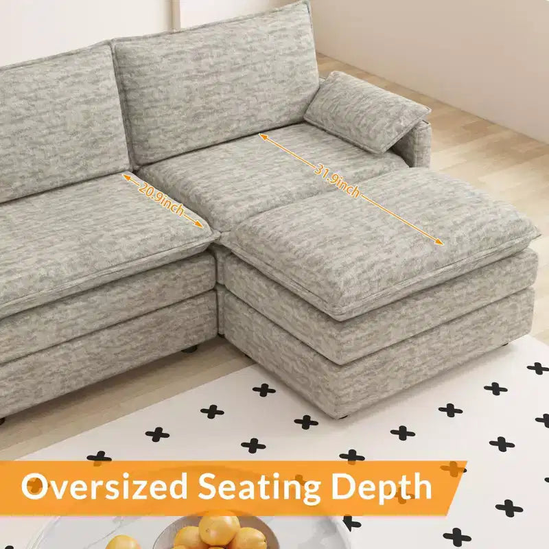 108 XL Modular Sectional Couch  4-Seater L-Shaped Cloud Sofa with Ottoman for Living Room/Apartment