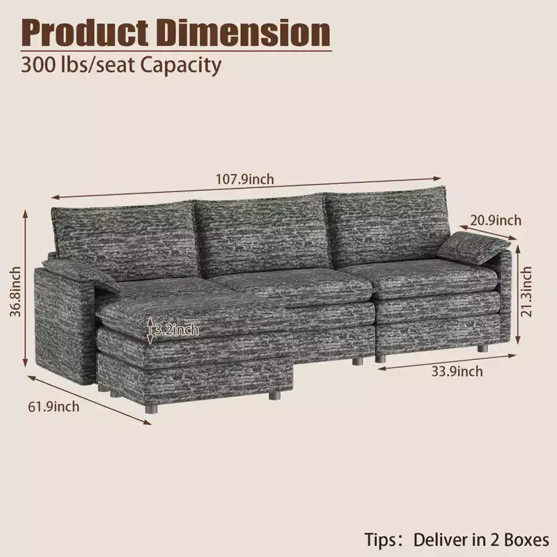 108 XL Modular Sectional Couch  4-Seater L-Shaped Cloud Sofa with Ottoman for Living Room/Apartment