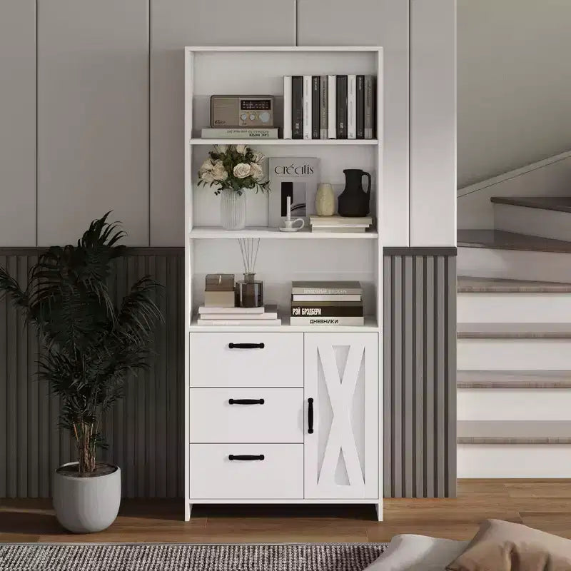 6-Tier Bookshelf with Door and 3 Drawers,71 Tall Bookcase with 3-Tier Open Shelves,Wooden Book Shelf with Storage Cabinet for Home Office,Living Room
