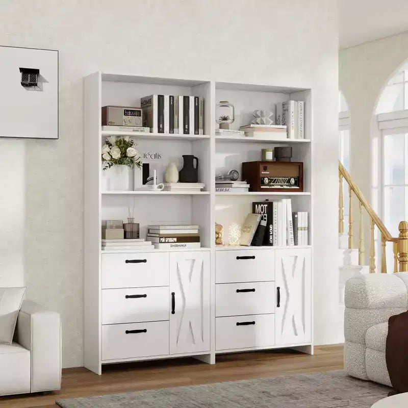 6-Tier Bookshelf with Door and 3 Drawers,71 Tall Bookcase with 3-Tier Open Shelves,Wooden Book Shelf with Storage Cabinet for Home Office,Living Room