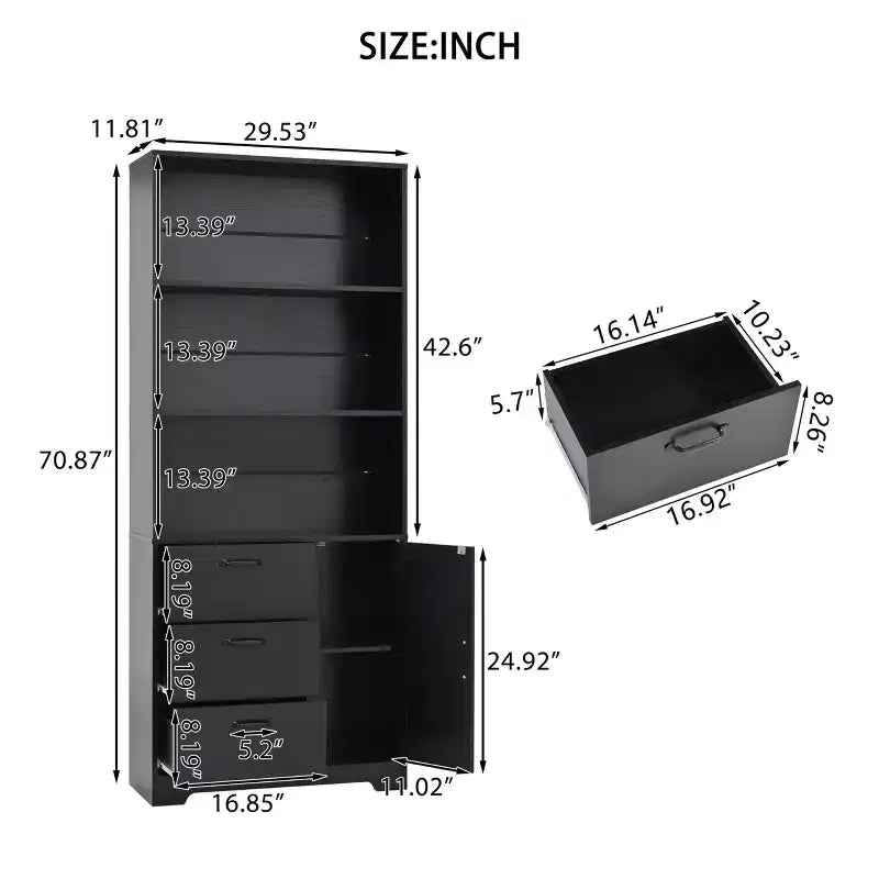 6-Tier Bookshelf with Door and 3 Drawers,71 Tall Bookcase with 3-Tier Open Shelves,Wooden Book Shelf with Storage Cabinet for Home Office,Living Room