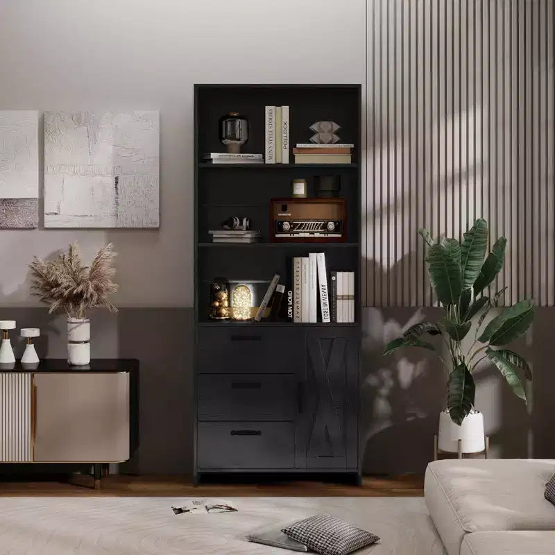6-Tier Bookshelf with Door and 3 Drawers,71 Tall Bookcase with 3-Tier Open Shelves,Wooden Book Shelf with Storage Cabinet for Home Office,Living Room