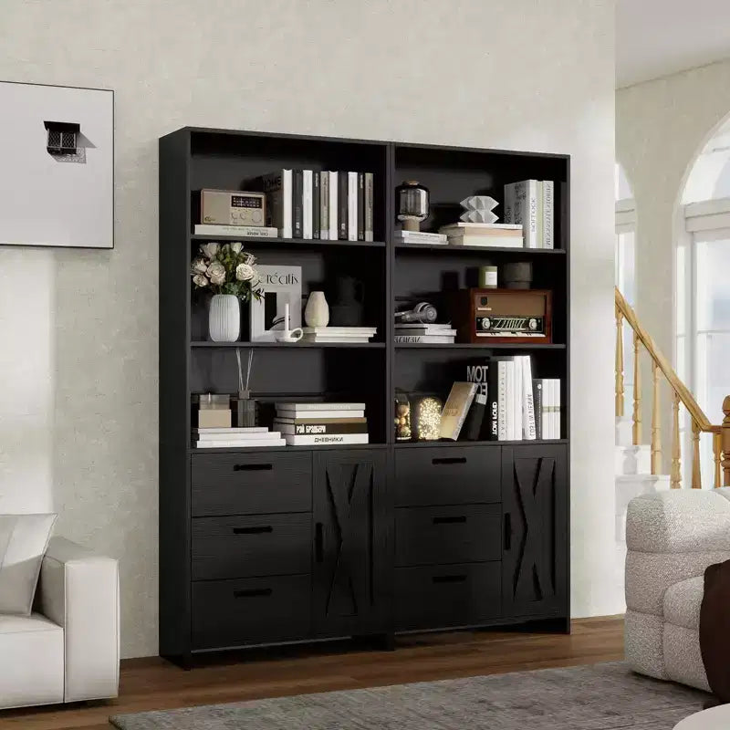 6-Tier Bookshelf with Door and 3 Drawers,71 Tall Bookcase with 3-Tier Open Shelves,Wooden Book Shelf with Storage Cabinet for Home Office,Living Room