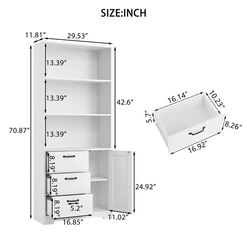 6-Tier Bookshelf with Door and 3 Drawers,71 Tall Bookcase with 3-Tier Open Shelves,Wooden Book Shelf with Storage Cabinet for Home Office,Living Room