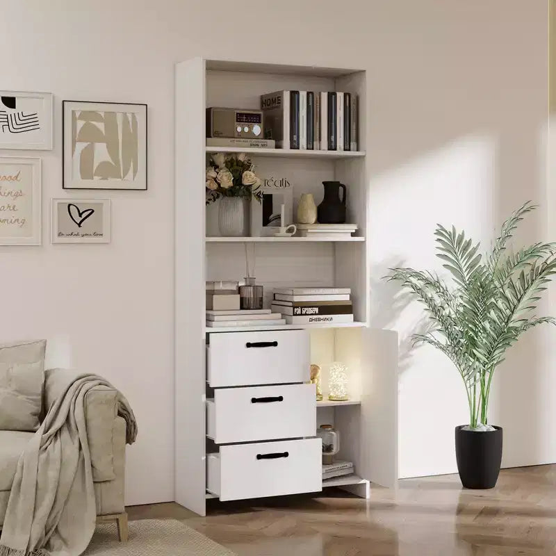 6-Tier Bookshelf with Door and 3 Drawers,71 Tall Bookcase with 3-Tier Open Shelves,Wooden Book Shelf with Storage Cabinet for Home Office,Living Room