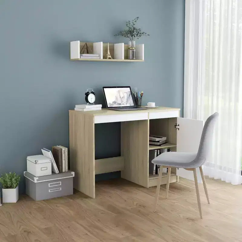 Desk White and Sonoma Oak Engineered Wood Medium Computer Desk
