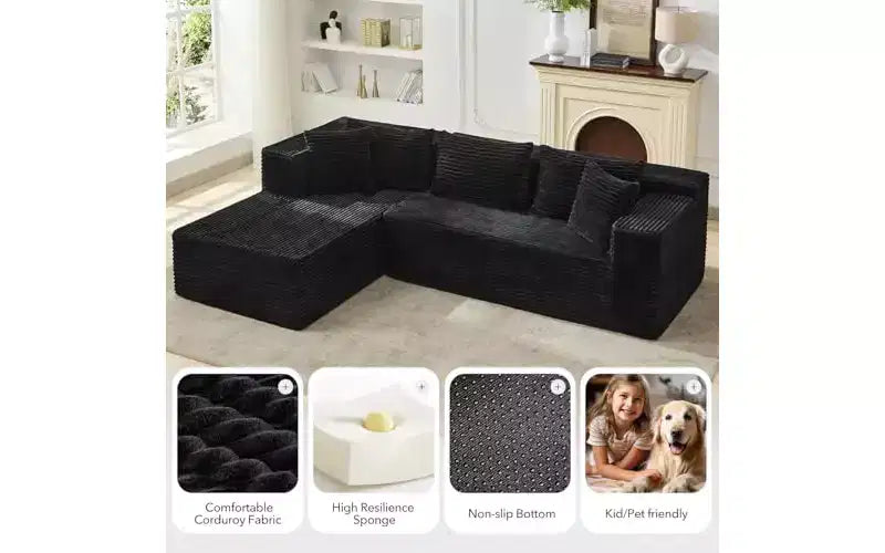 Canapé d'angle GutoWave 106 avec méridienne en L, canapé modulaire moderne avec assise profonde, canapés rembourrés pour salon, côté gauche