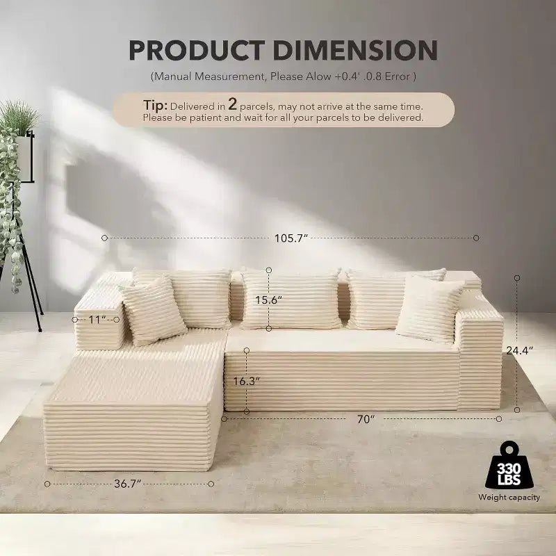 Canapé d'angle GutoWave 106 avec méridienne en L, canapé modulaire moderne avec assise profonde, canapés rembourrés pour salon, côté gauche