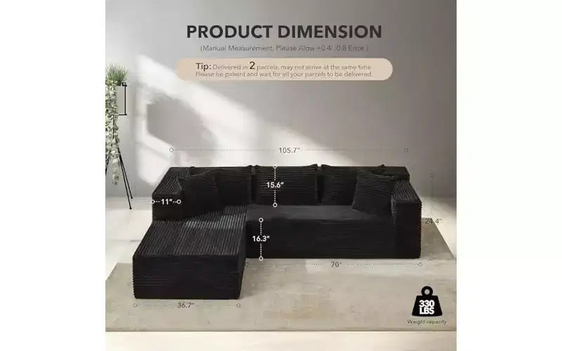 Canapé d'angle GutoWave 106 avec méridienne en L, canapé modulaire moderne avec assise profonde, canapés rembourrés pour salon, côté gauche