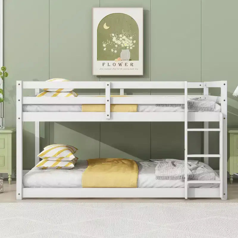 Okak 77.3IN Twin-Over-Twin Floor Bunk Bed with Ladder, Twin Bed with Guardrail and Strengthened Slats, Bed Frames for Kids Room, Gaming Room, White
