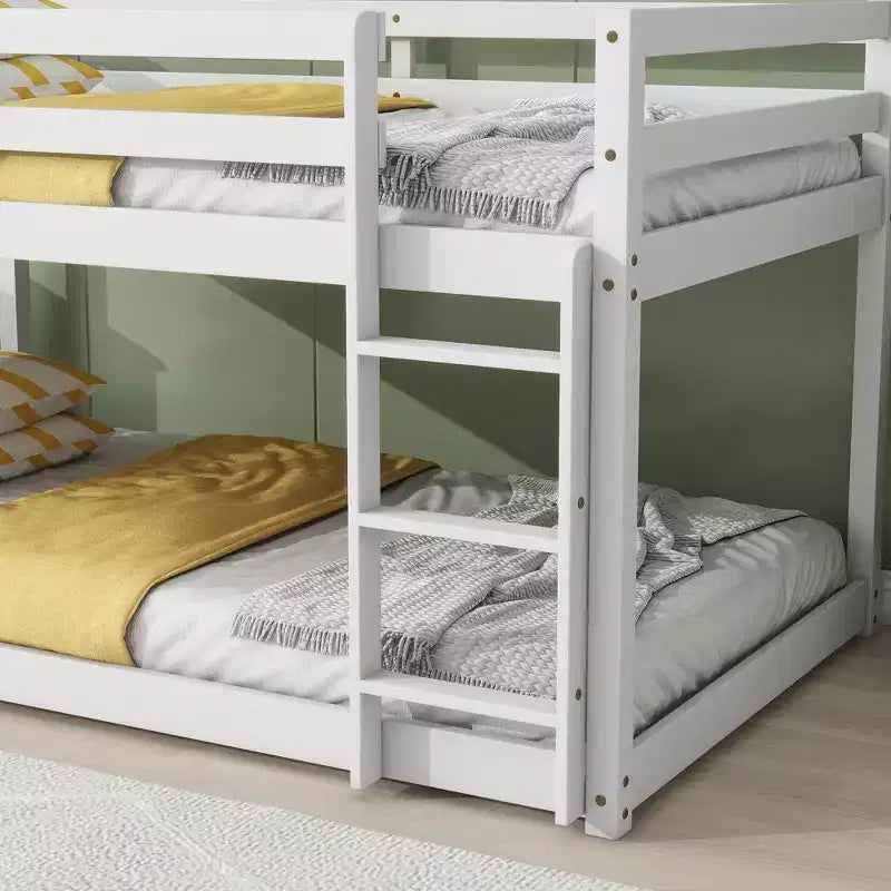 Okak 77.3IN Twin-Over-Twin Floor Bunk Bed with Ladder, Twin Bed with Guardrail and Strengthened Slats, Bed Frames for Kids Room, Gaming Room, White