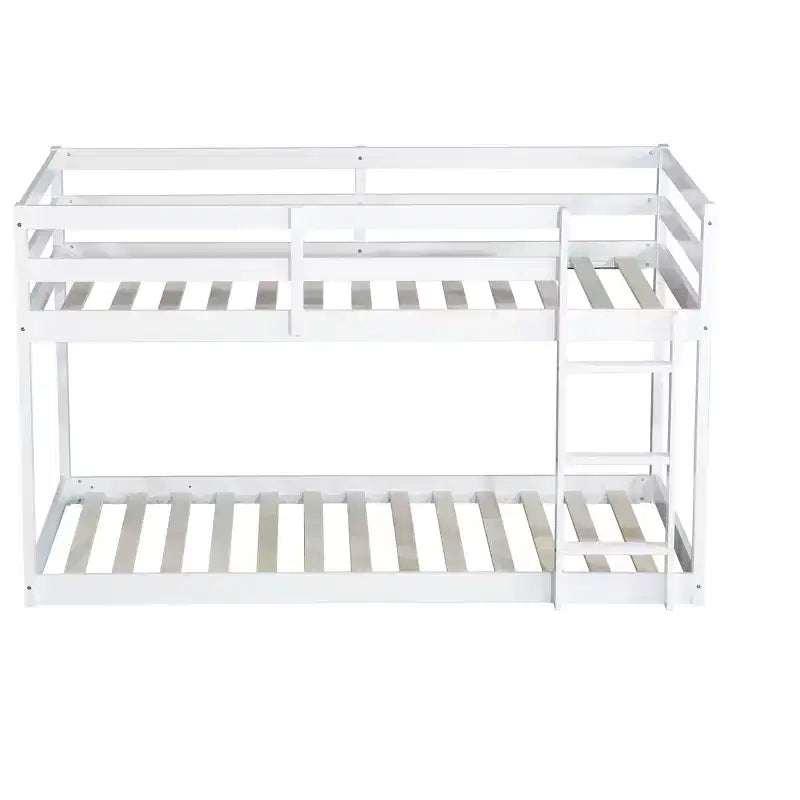 Okak 77.3IN Twin-Over-Twin Floor Bunk Bed with Ladder, Twin Bed with Guardrail and Strengthened Slats, Bed Frames for Kids Room, Gaming Room, White