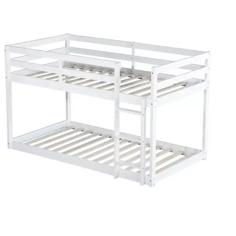Okak 77.3IN Twin-Over-Twin Floor Bunk Bed with Ladder, Twin Bed with Guardrail and Strengthened Slats, Bed Frames for Kids Room, Gaming Room, White