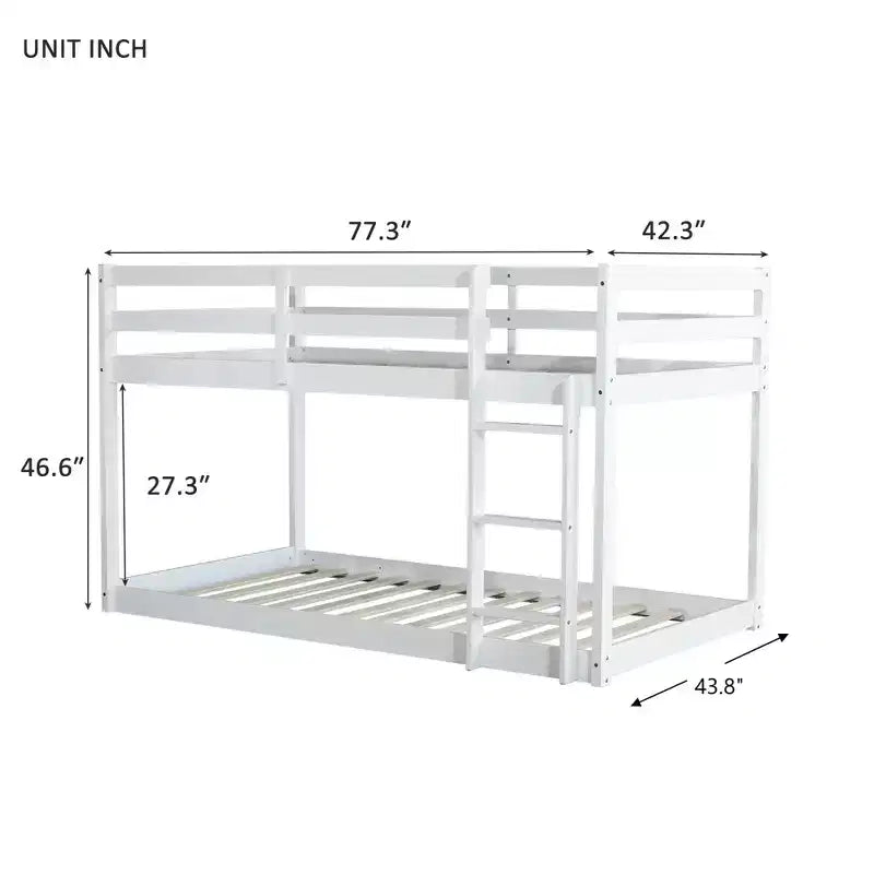 Okak 77.3IN Twin-Over-Twin Floor Bunk Bed with Ladder, Twin Bed with Guardrail and Strengthened Slats, Bed Frames for Kids Room, Gaming Room, White