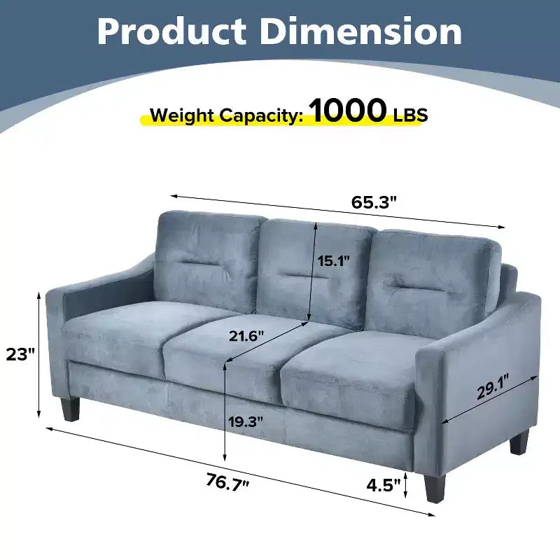 PexFix 3 Seat Sectional Sofa with U-Shaped Spring Links and Solid Wood Frame Mid Century Velvet Upholstered Couch for Living Room Bedroom Office Gray
