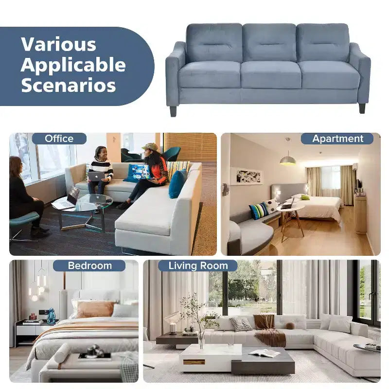 PexFix 3 Seat Sectional Sofa with U-Shaped Spring Links and Solid Wood Frame Mid Century Velvet Upholstered Couch for Living Room Bedroom Office Gray