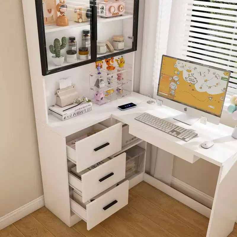 Okak 43.31IN Modern L Shaped Desk with Glass Cabinets, Corner Desk with Storage Shelves and Keyboard Tray, Computer Desk for Home, Office