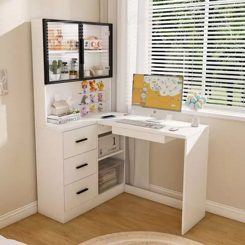 Okak 43.31IN Modern L Shaped Desk with Glass Cabinets, Corner Desk with Storage Shelves and Keyboard Tray, Computer Desk for Home, Office