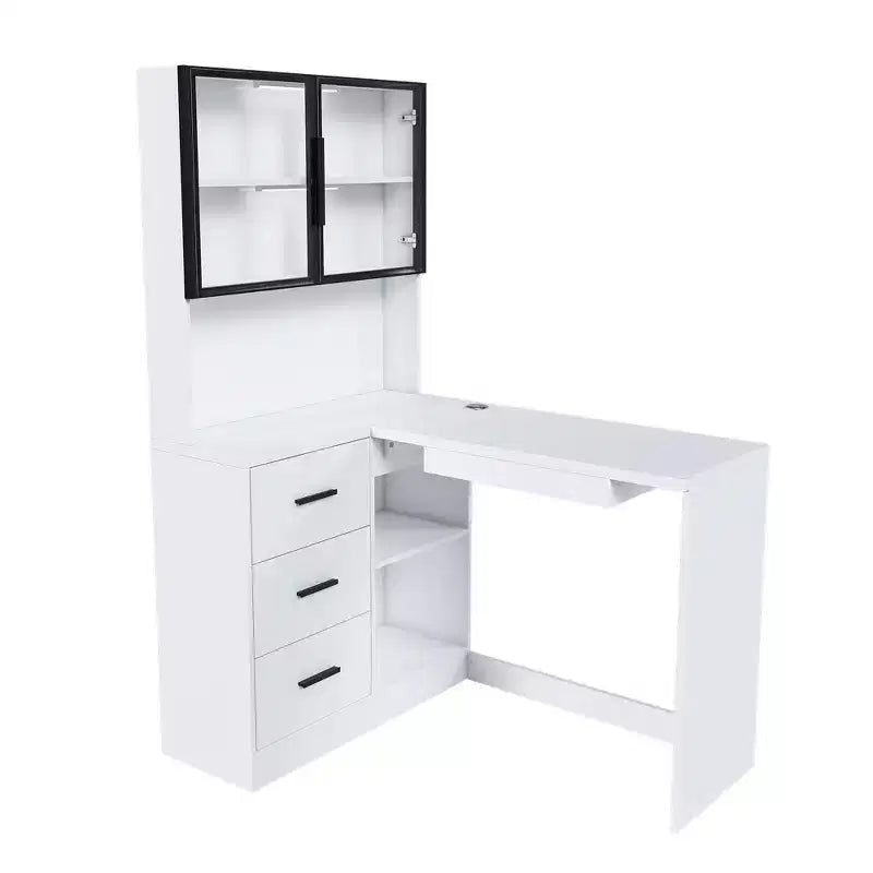 Okak 43.31IN Modern L Shaped Desk with Glass Cabinets, Corner Desk with Storage Shelves and Keyboard Tray, Computer Desk for Home, Office