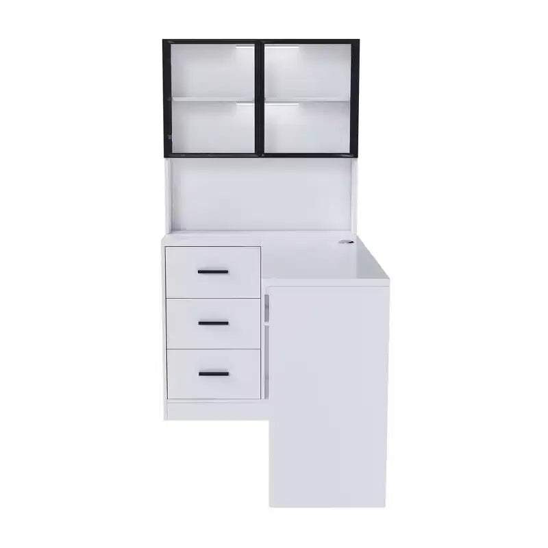 Okak 43.31IN Modern L Shaped Desk with Glass Cabinets, Corner Desk with Storage Shelves and Keyboard Tray, Computer Desk for Home, Office