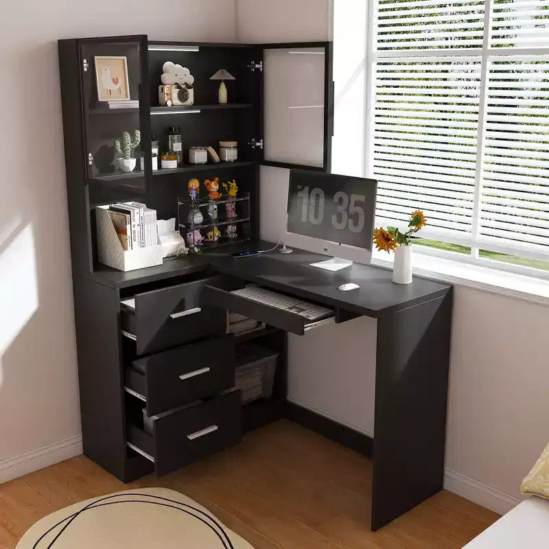 Okak 43.31IN Modern L Shaped Desk with Glass Cabinets, Corner Desk with Storage Shelves and Keyboard Tray, Computer Desk for Home, Office