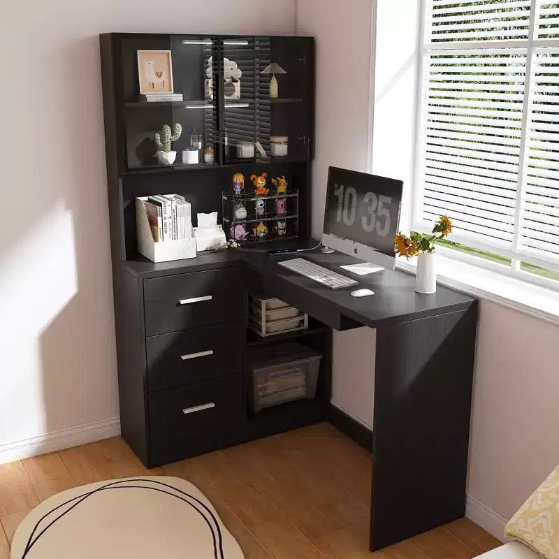 Okak 43.31IN Modern L Shaped Desk with Glass Cabinets, Corner Desk with Storage Shelves and Keyboard Tray, Computer Desk for Home, Office