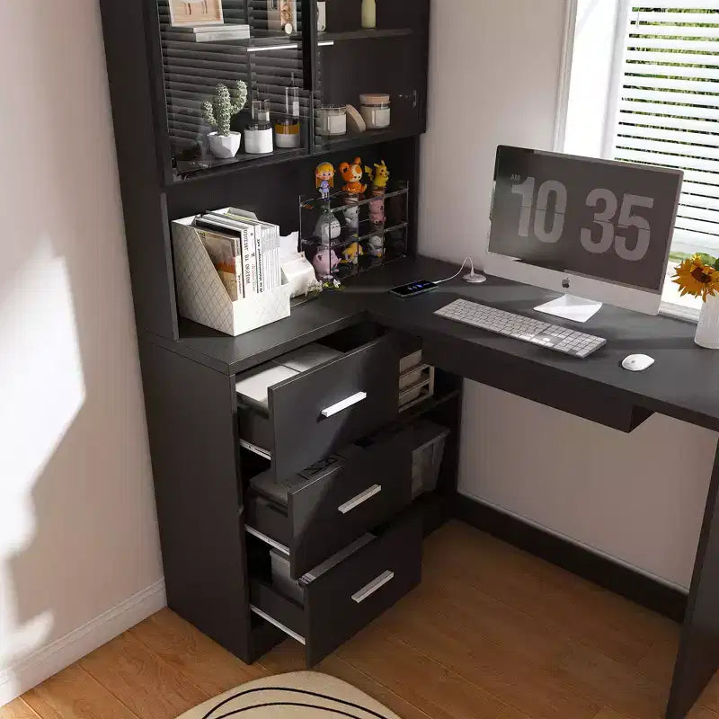 Okak 43.31IN Modern L Shaped Desk with Glass Cabinets, Corner Desk with Storage Shelves and Keyboard Tray, Computer Desk for Home, Office