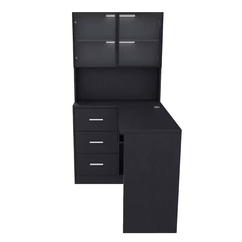 Okak 43.31IN Modern L Shaped Desk with Glass Cabinets, Corner Desk with Storage Shelves and Keyboard Tray, Computer Desk for Home, Office