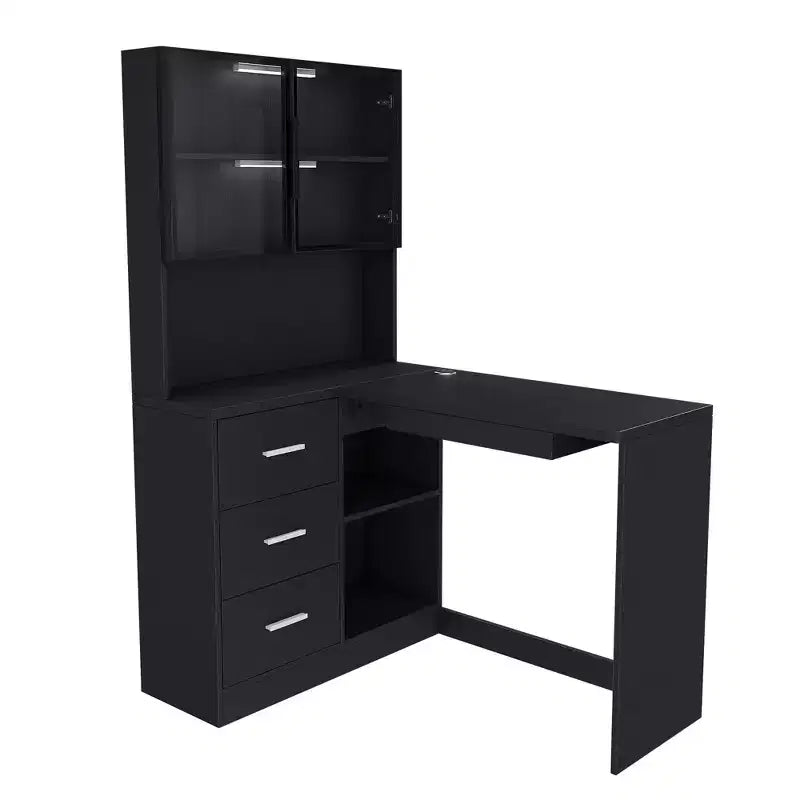 Okak 43.31IN Modern L Shaped Desk with Glass Cabinets, Corner Desk with Storage Shelves and Keyboard Tray, Computer Desk for Home, Office