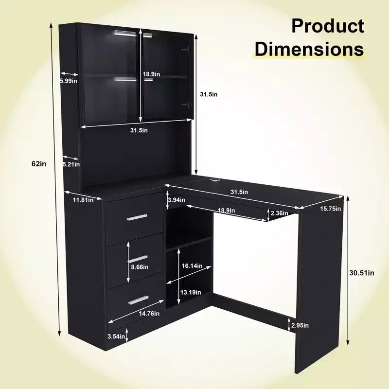 Okak 43.31IN Modern L Shaped Desk with Glass Cabinets, Corner Desk with Storage Shelves and Keyboard Tray, Computer Desk for Home, Office
