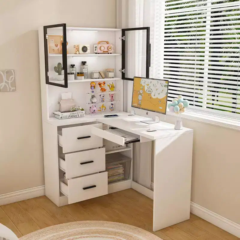 Okak 43.31IN Modern L Shaped Desk with Glass Cabinets, Corner Desk with Storage Shelves and Keyboard Tray, Computer Desk for Home, Office