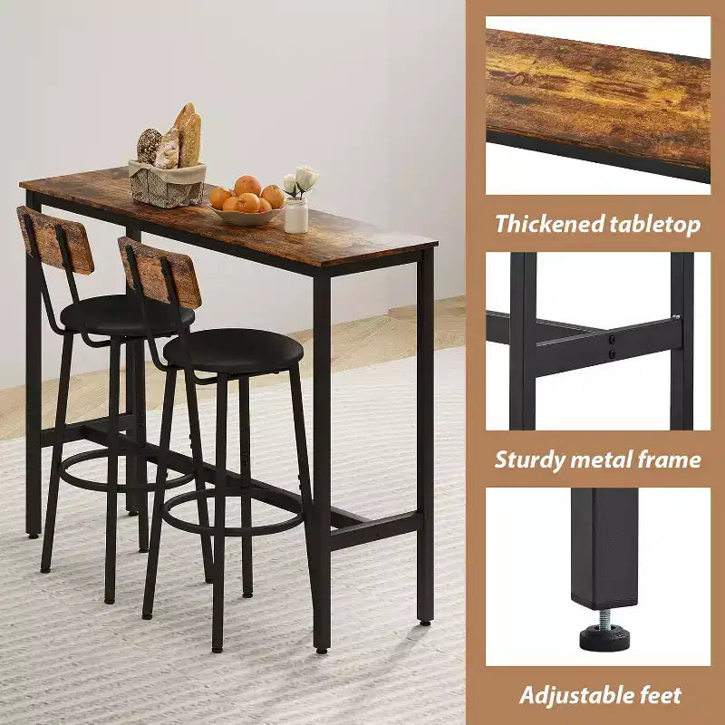 Zevemomo 3-Piece Counter Height Table Set, 31.5 Pub Table with 2 Stools, Space-Saving Kitchen Dining Set for Small Spaces, Brown