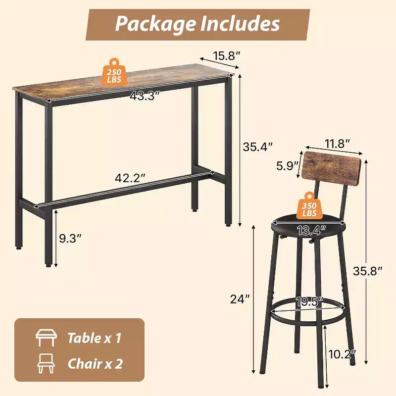 Zevemomo 3-Piece Counter Height Table Set, 31.5 Pub Table with 2 Stools, Space-Saving Kitchen Dining Set for Small Spaces, Brown