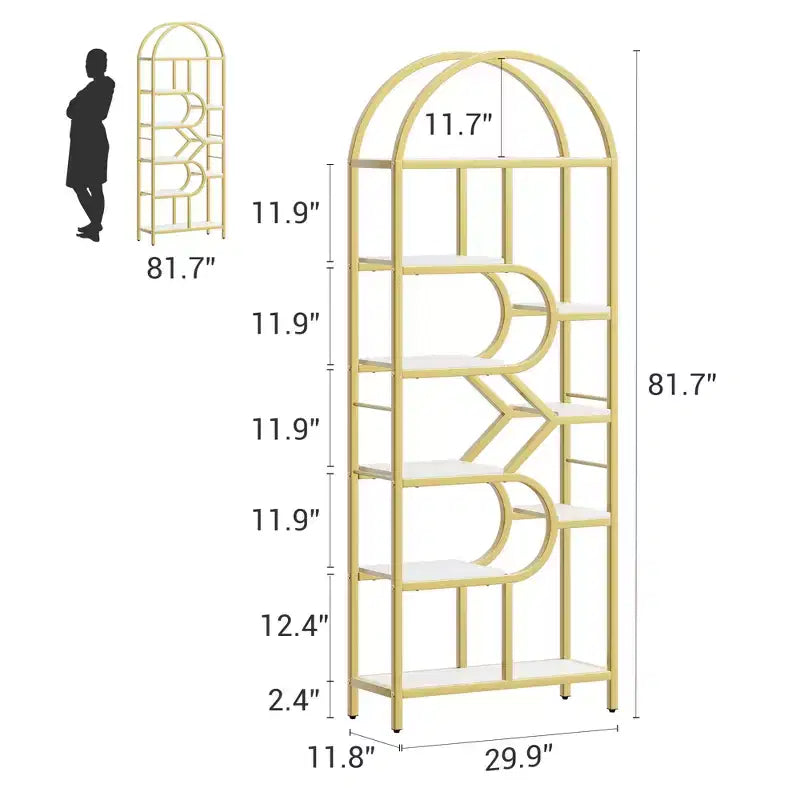 6-Tier Bookshelf, Luxury Arched Bookcase, Modern Decorative Metal and Wood Design, Suitable for Living Room, Office and Bedroom