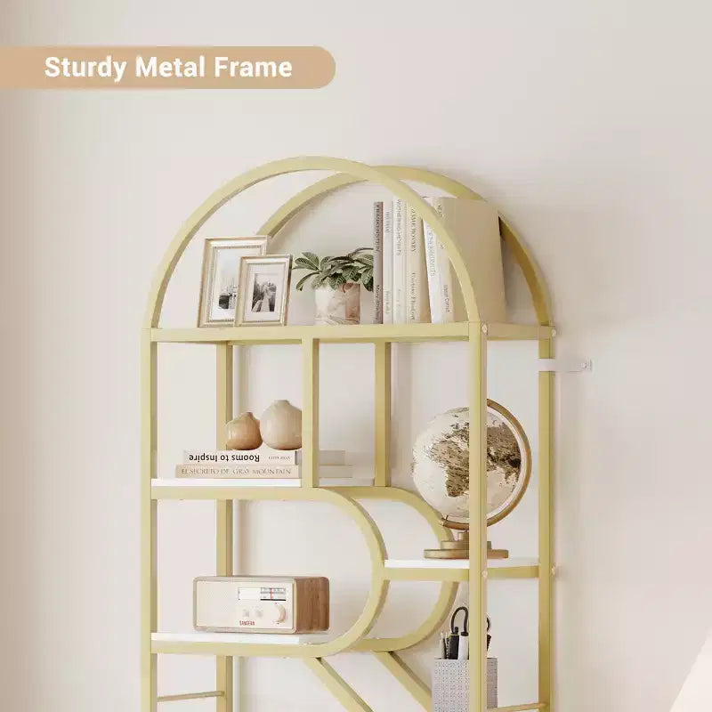6-Tier Bookshelf, Luxury Arched Bookcase, Modern Decorative Metal and Wood Design, Suitable for Living Room, Office and Bedroom