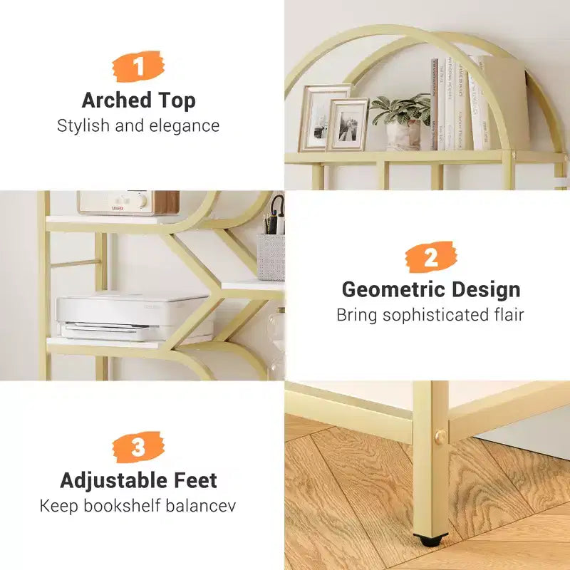 6-Tier Bookshelf, Luxury Arched Bookcase, Modern Decorative Metal and Wood Design, Suitable for Living Room, Office and Bedroom