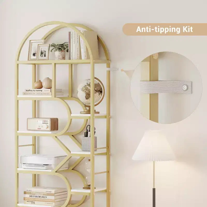 6-Tier Bookshelf, Luxury Arched Bookcase, Modern Decorative Metal and Wood Design, Suitable for Living Room, Office and Bedroom