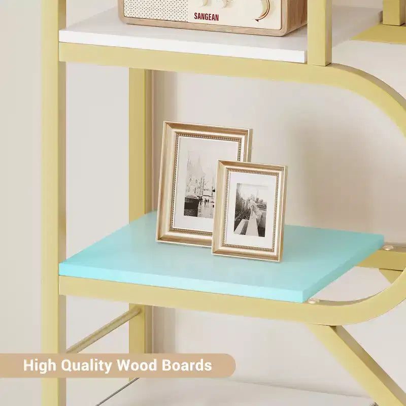 6-Tier Bookshelf, Luxury Arched Bookcase, Modern Decorative Metal and Wood Design, Suitable for Living Room, Office and Bedroom