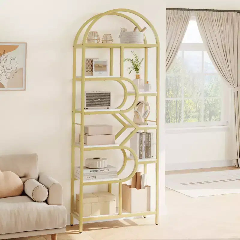 6-Tier Bookshelf, Luxury Arched Bookcase, Modern Decorative Metal and Wood Design, Suitable for Living Room, Office and Bedroom