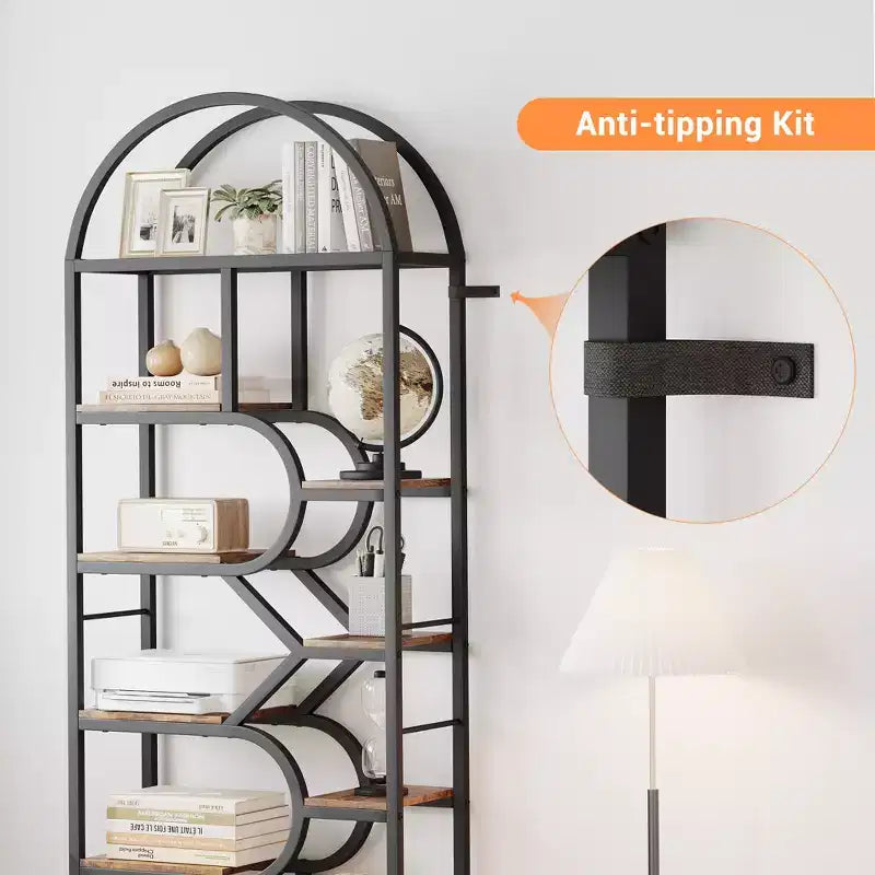 6-Tier Bookshelf, Luxury Arched Bookcase, Modern Decorative Metal and Wood Design, Suitable for Living Room, Office and Bedroom