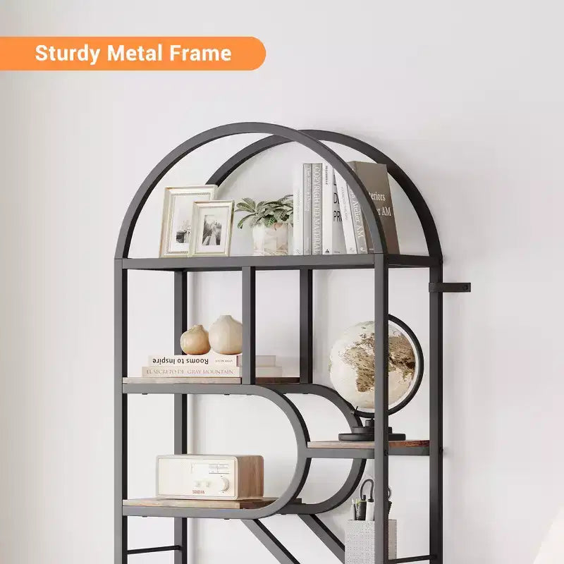 6-Tier Bookshelf, Luxury Arched Bookcase, Modern Decorative Metal and Wood Design, Suitable for Living Room, Office and Bedroom