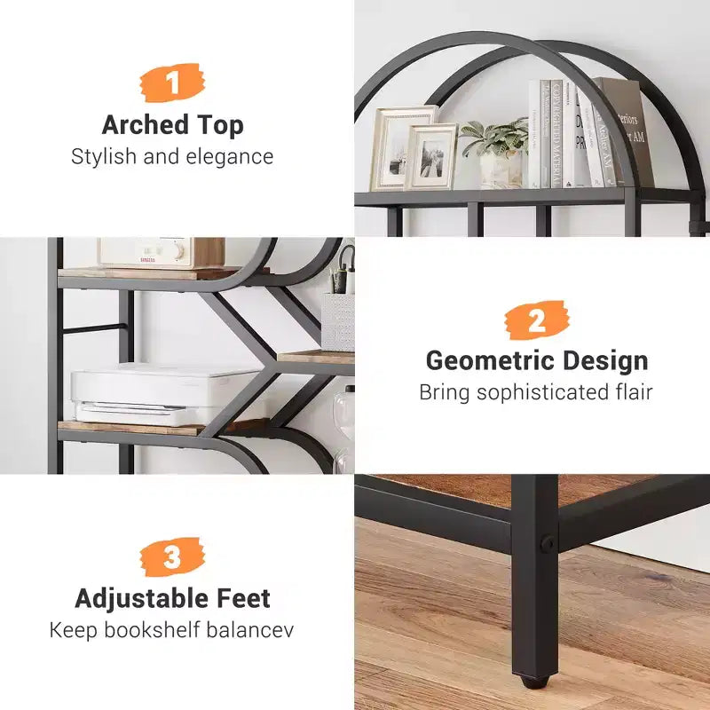 6-Tier Bookshelf, Luxury Arched Bookcase, Modern Decorative Metal and Wood Design, Suitable for Living Room, Office and Bedroom
