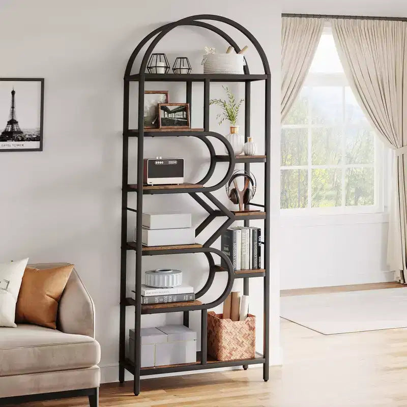 6-Tier Bookshelf, Luxury Arched Bookcase, Modern Decorative Metal and Wood Design, Suitable for Living Room, Office and Bedroom