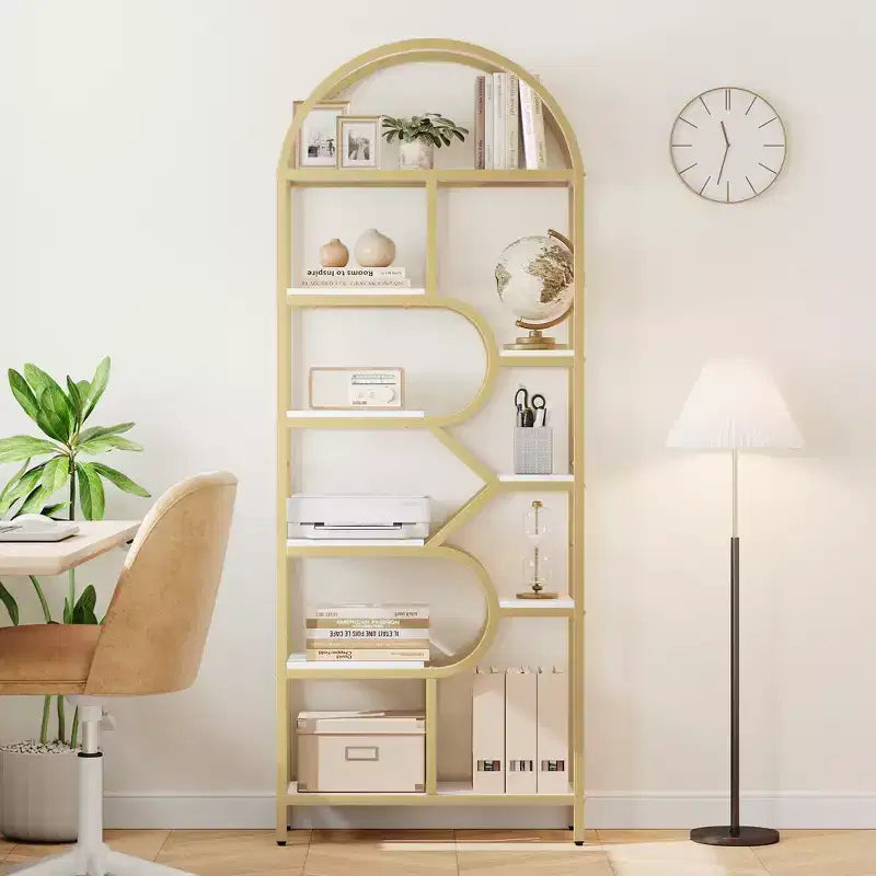 6-Tier Bookshelf, Luxury Arched Bookcase, Modern Decorative Metal and Wood Design, Suitable for Living Room, Office and Bedroom