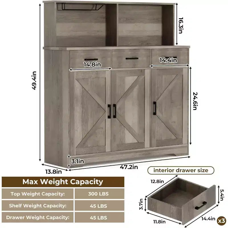 Farmhouse Sideboard Buffet with Microwave Stand, Barn Doors Buffet Storage Cabinet with Drawers and Shelves, Wood Coffee Bar Cabinet for Kitchen