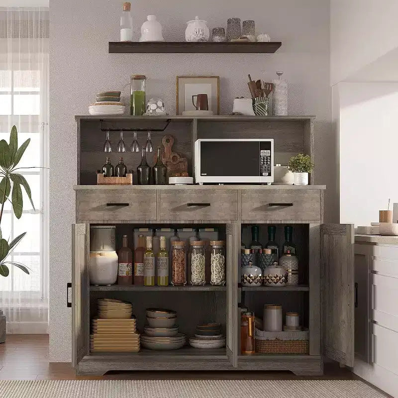 Farmhouse Sideboard Buffet with Microwave Stand, Barn Doors Buffet Storage Cabinet with Drawers and Shelves, Wood Coffee Bar Cabinet for Kitchen