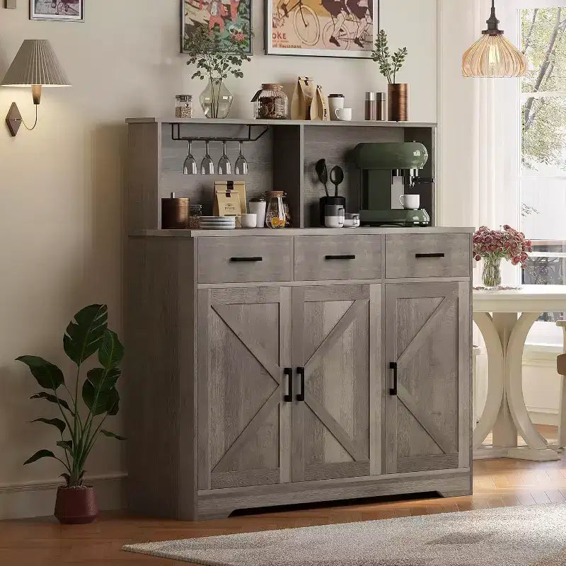 Farmhouse Sideboard Buffet with Microwave Stand, Barn Doors Buffet Storage Cabinet with Drawers and Shelves, Wood Coffee Bar Cabinet for Kitchen