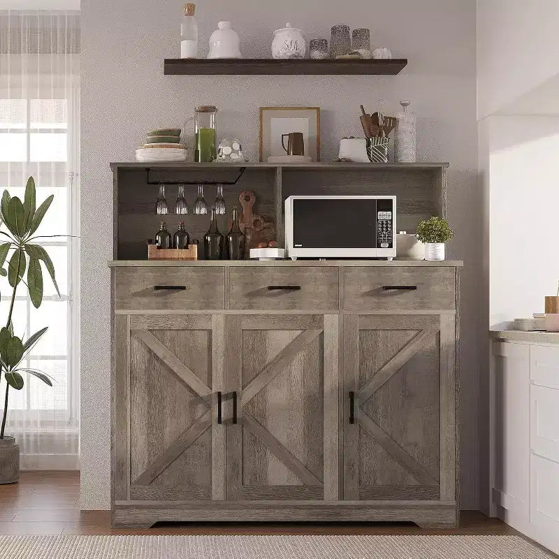 Farmhouse Sideboard Buffet with Microwave Stand, Barn Doors Buffet Storage Cabinet with Drawers and Shelves, Wood Coffee Bar Cabinet for Kitchen